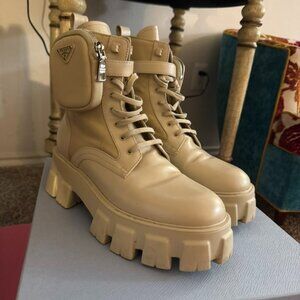 Prada Leather Combat Boots Tan